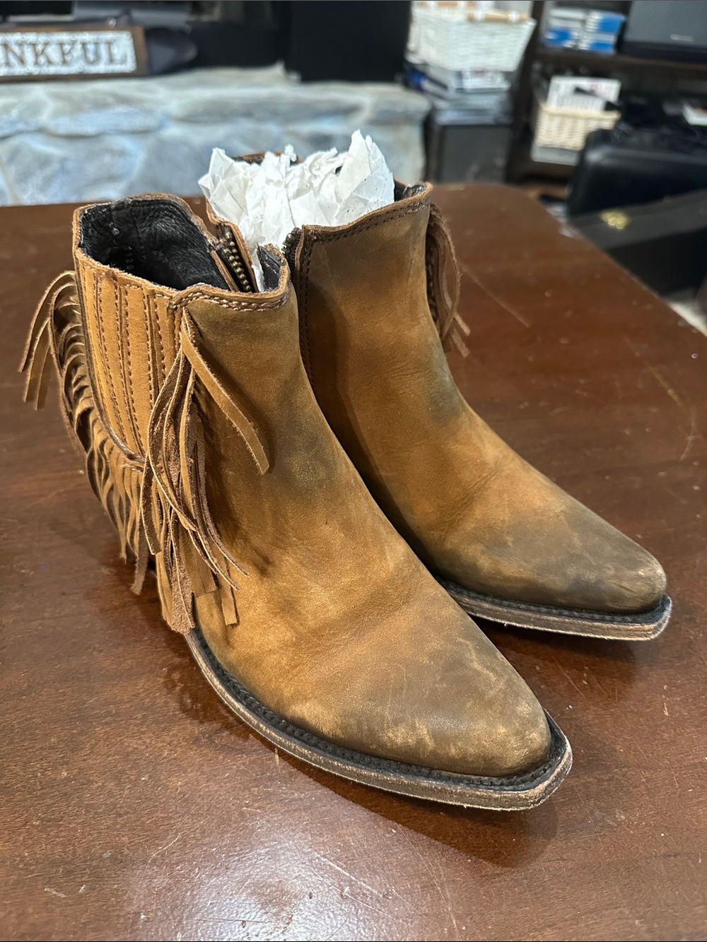 LIBERTY Black Tan Suede Fringe Ankle Booties